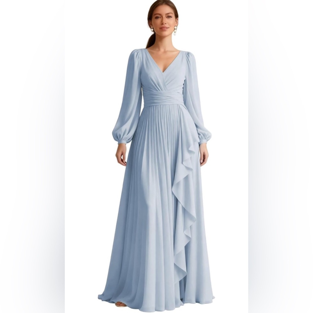 Long Sleeve Pleated Bridesmaid Dress Ruffle Chiffon V Neck Formal Evening Dress